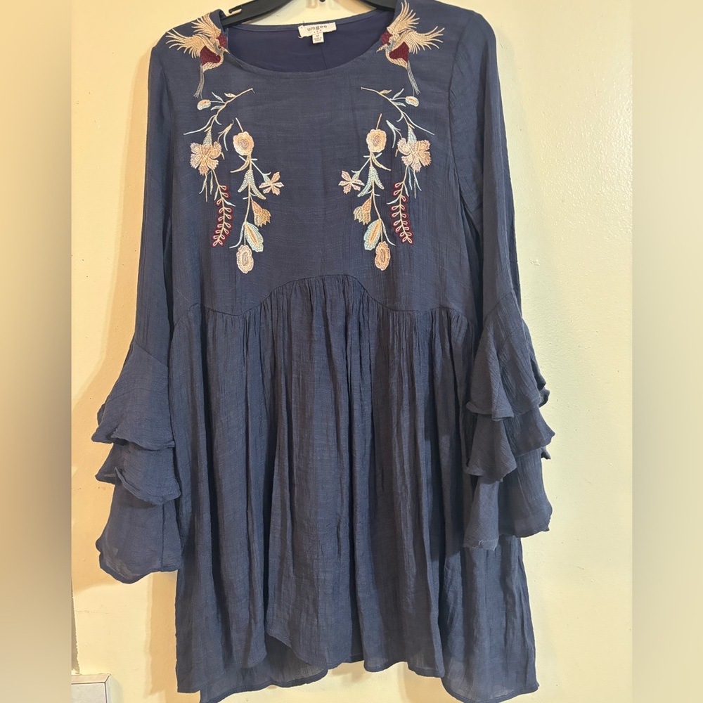 Umgee Blue Mini Dress with Embroidered Floral Design